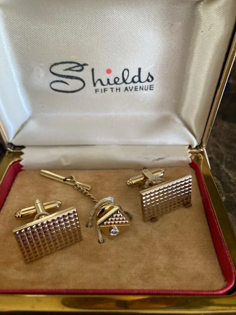 Vintage Pierre Cardin Tie Tack & Shields Pyramid Cufflinks – Gold Tone 1970s
